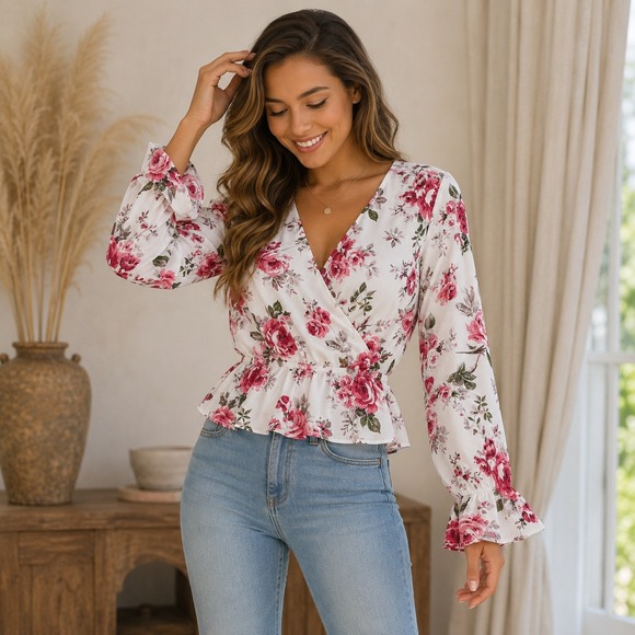 Ambiance Tops - Ambiance Peplum Blouse Womens Large White Pink Floral Surplice Ruffle Cuff Top